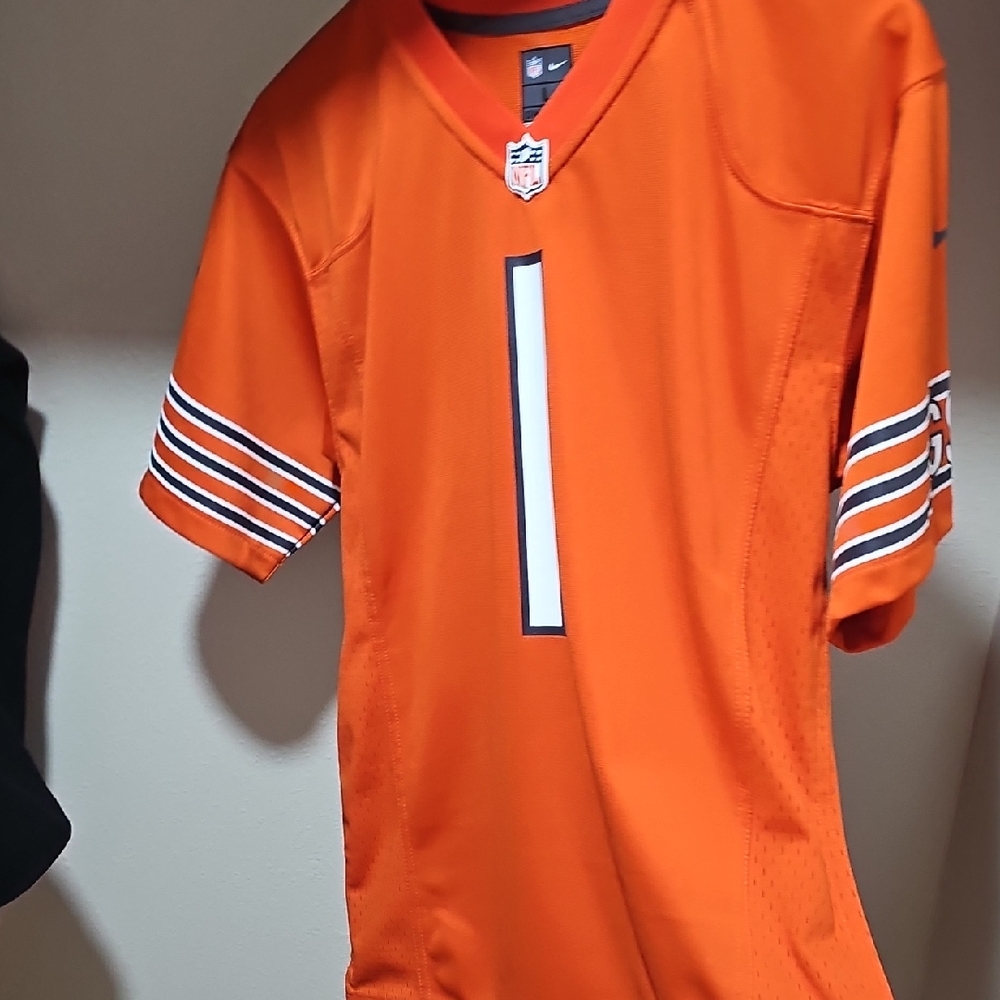 NFL/Nike Chicago Bears Justin Fields Orange Jersey with Stripes And # 1